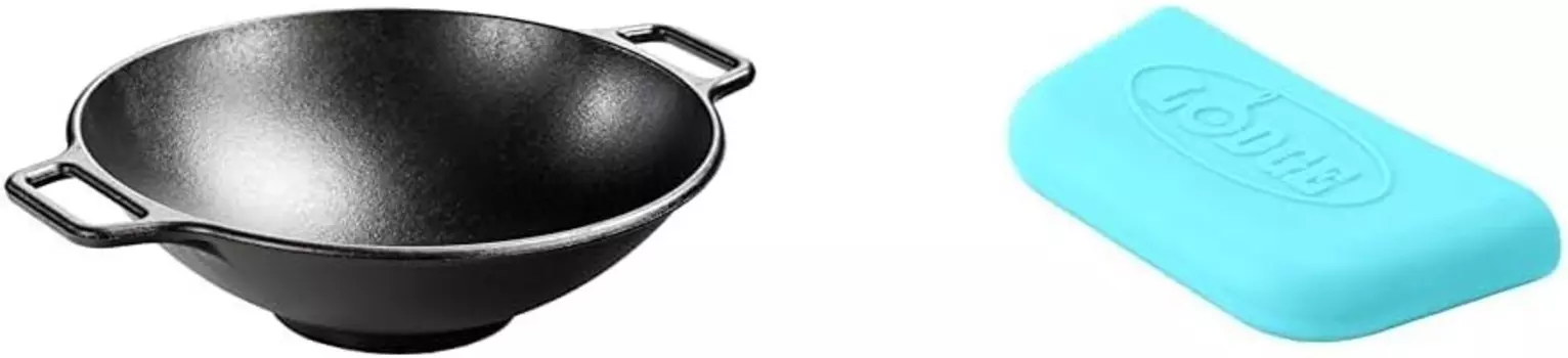 Lodge BOLD 14-дюймовый чугунный вок с 2 силиконовыми держателями для вспомогательных ручек BOLD — синий электрик, Wok+Blue Handle Holder