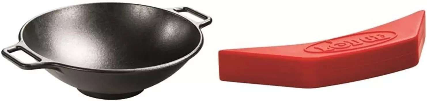 Lodge BOLD 14-дюймовый приправленный чугунный вок; Посуда Design-Forward и силиконовый держатель для ручки ASAHH41, красный, Wok + Silicone Assist Holder - Red