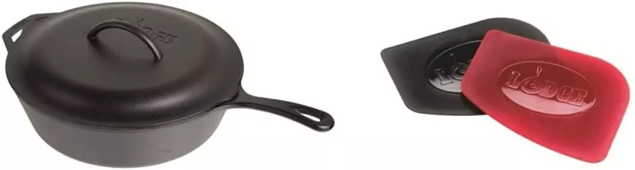 Lodge L10CF3 Чугунная глубокая сковорода с крышкой, предварительно приправленная, 5 литров и прочные скребки для сковороды SCRAPERPK, красный и черный, 2 шт., Black