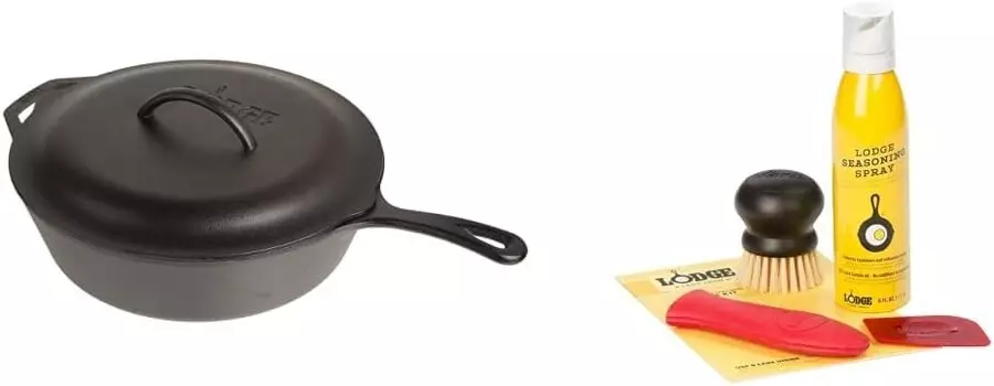 Lodge L10CF3 Чугунная глубокая сковорода с крышкой, предварительно приправленная, 5-литровый набор для ухода за приправленным чугуном, Black