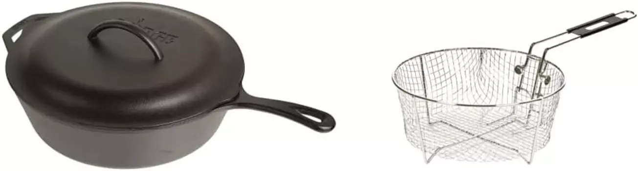 Lodge L10CF3 Чугунная глубокая сковорода с крышкой, предварительно приправленная, корзина для фритюра на 5 литров и 10FB2, 10,25 дюйма