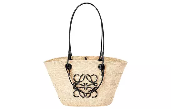 LOEWE Сумка-корзина из пальмового волокна и коровьей кожи, на одно плечо, среднего размера, женская, бежево-черного цвета