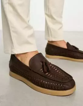 Лоферы ASOS DESIGN из темно-коричневой кожи с плетением на натуральной подошве