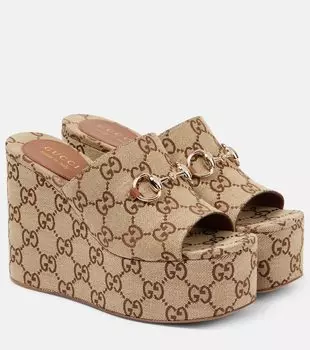 Лоферы GG Canvas с подковкой на платформе Gucci, Camel Ebony/Sundial