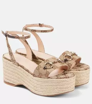 Лоферы Lady Horsebit GG Canvas на платформе Gucci, Beige Ebony/Cocoa