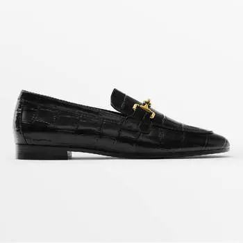 Лоферы Massimo Dutti Leather Metal Buckle, черный