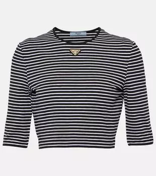 Логотип укороченный топ из хлопковой смеси Prada, Nero + Bianco