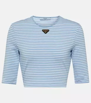 Логотип укороченный топ из хлопковой смеси Prada, Celeste + Bianco