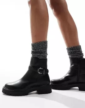 London Rebel – Billie – Черные ботильоны на толстой подошве и пряжках
