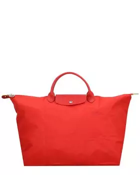 Longchamp Le Pliage Зеленая маленькая дорожная сумка из ткани и кожи с верхней ручкой, красный