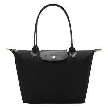 LONGCHAMP Сумка-мешок Le Pliage Green из экологически чистого холста с кожаной отделкой, сумка-мессенджер, сумка на плечо, средняя, унисекс, черная