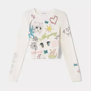 Лонгслив Bershka Butterfly Print, белый