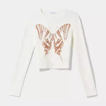 Лонгслив Bershka Butterfly Print, кремовый