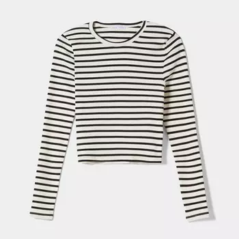 Лонгслив Bershka Ribbed, белый/черный