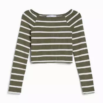 Лонгслив Bershka Striped, хаки/белый