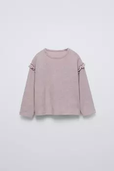 Лонгслив из мягкой ткани с воланами ZARA, серо-коричневый