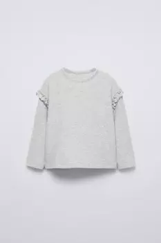 Лонгслив из мягкой ткани с воланами ZARA, серый мергель