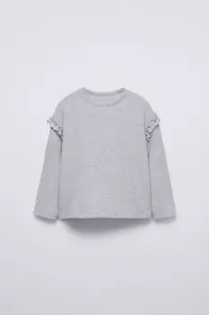 Лонгслив из мягкой ткани с воланами ZARA, серый мергель