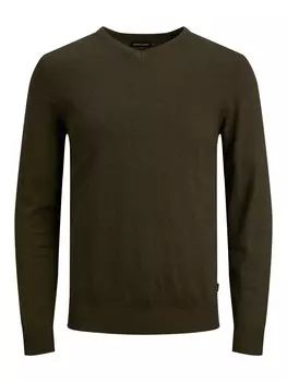Лонгслив Jack & Jones Dnner Langarm Strickpullover V Neck Basic Sweater JJEEMIL, оливковый