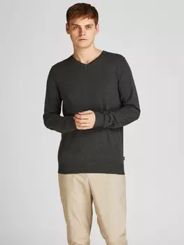 Лонгслив Jack & Jones Dnner Langarm Strickpullover V Neck Basic Sweater JJEEMIL, темно серый
