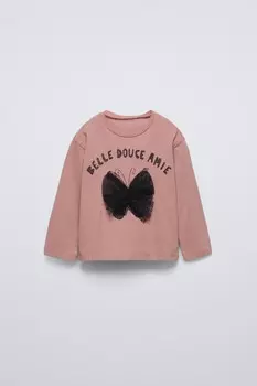 Лонгслив с деталью и вышивкой плюмети ZARA, темно-розовый