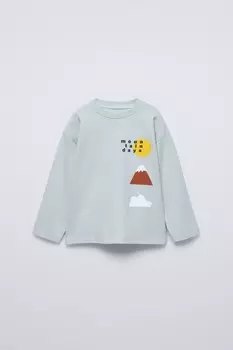 Лонгслив с принтом «горы» ZARA, синий/серый