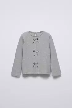 Лонгслив в рубчик с бантами ZARA, серый мергель