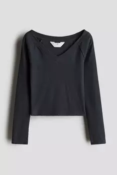 Лонгслив в рубчик с v-образным вырезом H&M, темно-серый