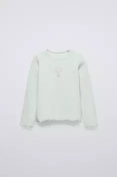 Лонгслив в рубчик с вышивкой ZARA, зеленоватый