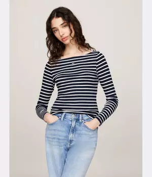 Лонгслив женский Tommy Jeans облегающего кроя в полоску, сине-белый