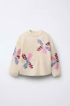 Лоскутное цветочный вязаный свитер ZARA, экрю