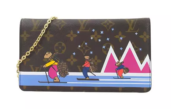 LOUIS VUITTON Сумка-пошет Weekend Monogram Illustre Xmas Bear коричневая/розовая