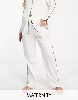Loungeable атласные пижамные брюки кремового цвета с черной окантовкой для беременных