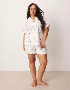 Loungeable Curve пижамный комплект с короткими рукавами и шортами с принтом в виде сердца в цвете слоновой кости