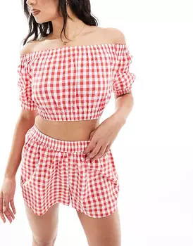 Loungeable – Хлопковая красная пижама в мелкую клетку с рюшами на бретельках и шорты