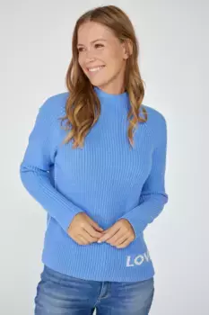 Любимая вещь: свитер с воротником-стойкой "BlendaL" с надписью "LOVE" и контрастными швами Lieblingsstck, синий