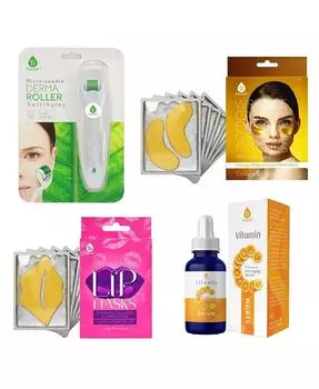 Лучший набор от's: сыворотка с витамином С, гелевые патчи для ухода за морщинами вокруг глаз, увлажняющие маски для губ и микроигольный ролик для дермы 0,5 мм Pursonic, цвет Multicolor