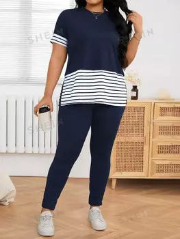 LUNE, Большие размеры, 2 шт./компл., футболка с короткими рукавами в полоску по бокам и длинные брюки, повседневная спортивная домашняя широкая посадка на лето Shein, темно-синий