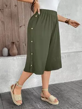 LUNE Большие размеры, однотонные повседневные свободные широкие брюки-капри Shein, темно-зеленый