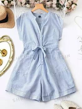 LUNE Большие размеры, женский летний полосатый комбинезон с V-образным вырезом и двойными карманами, без рукавов, повседневный комбинезон Shein, синий/белый