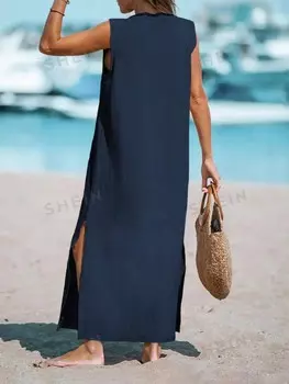LUNE Длинное платье без рукавов, накладные карманы, открытый разрез, V-образный вырез, лен Shein, темно-синий