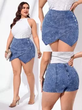 LUNE Джинсовая юбка больших размеров с высокой талией и эластичной резинкой с запахом, синий Shein, синий