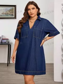 LUNE Джинсовое платье с карманами, воротником, завязкой на талии, однотонное, большого размера Shein, тёмно-синий