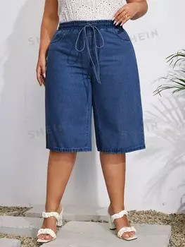 LUNE Джинсовые шорты-бермуды больших размеров с завязками на талии Shein, тёмно-синий