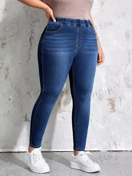 LUNE Джинсы с эластичной талией Много карманов, большой размер, легкая Повседневная одежда Shein, тёмно-синий