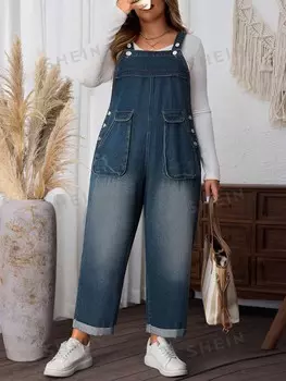 LUNE Джинсы с завышенной талией Женские брюки больших размеров, удобные, с карманами, широкие штанины Shein, тёмно-синий