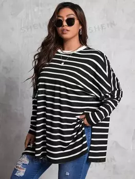 LUNE Футболка больших размеров, разрез, рукава «летучая мышь», полосатый принт Shein, черно-белый