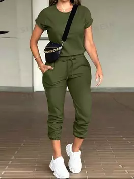 LUNE Футболка и брюки с короткими рукавами, комплект из 2 предметов, однотонный, большого размера, на весну и лето Shein, темно-зеленый