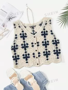 LUNE Кардиган без рукавов, связанный крючком, с пуговицами, V-образным вырезом и зубчатым краем для женщин больших размеров Shein, мультиколор