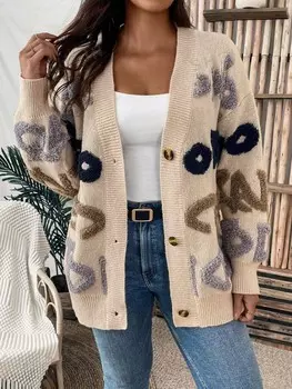 LUNE Кардиган Plus, буквенный узор, заниженная линия плеча Shein, абрикосовый